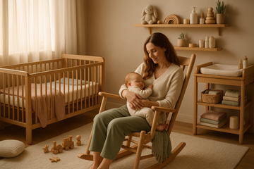 A cozy, softly lit nursery with natural tones, wooden baby furniture, and pastel textiles. A mother lovingly holding her baby, surrounded by safe, high-quality baby products. The mood is peaceful, trustworthy, and caring — representing a modern, responsible baby brand in Germany."